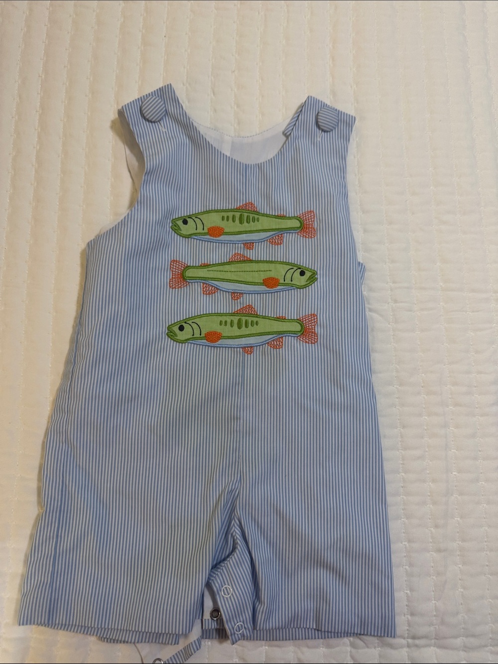 Light Blue Pinstripe Toddler Romper with Fish Appliqués